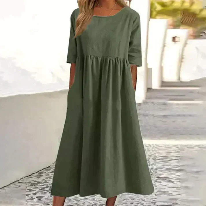 Women's Summer Midi Dress With Half Sleeves & Round Neck