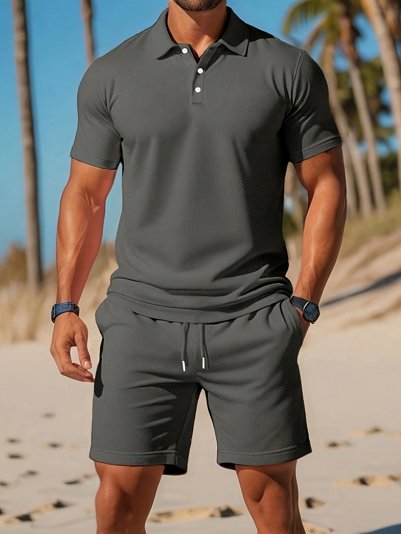 MEN'S CASUAL POLO SHIRT AND SHORTS SET WITH SHORT SLEEVES