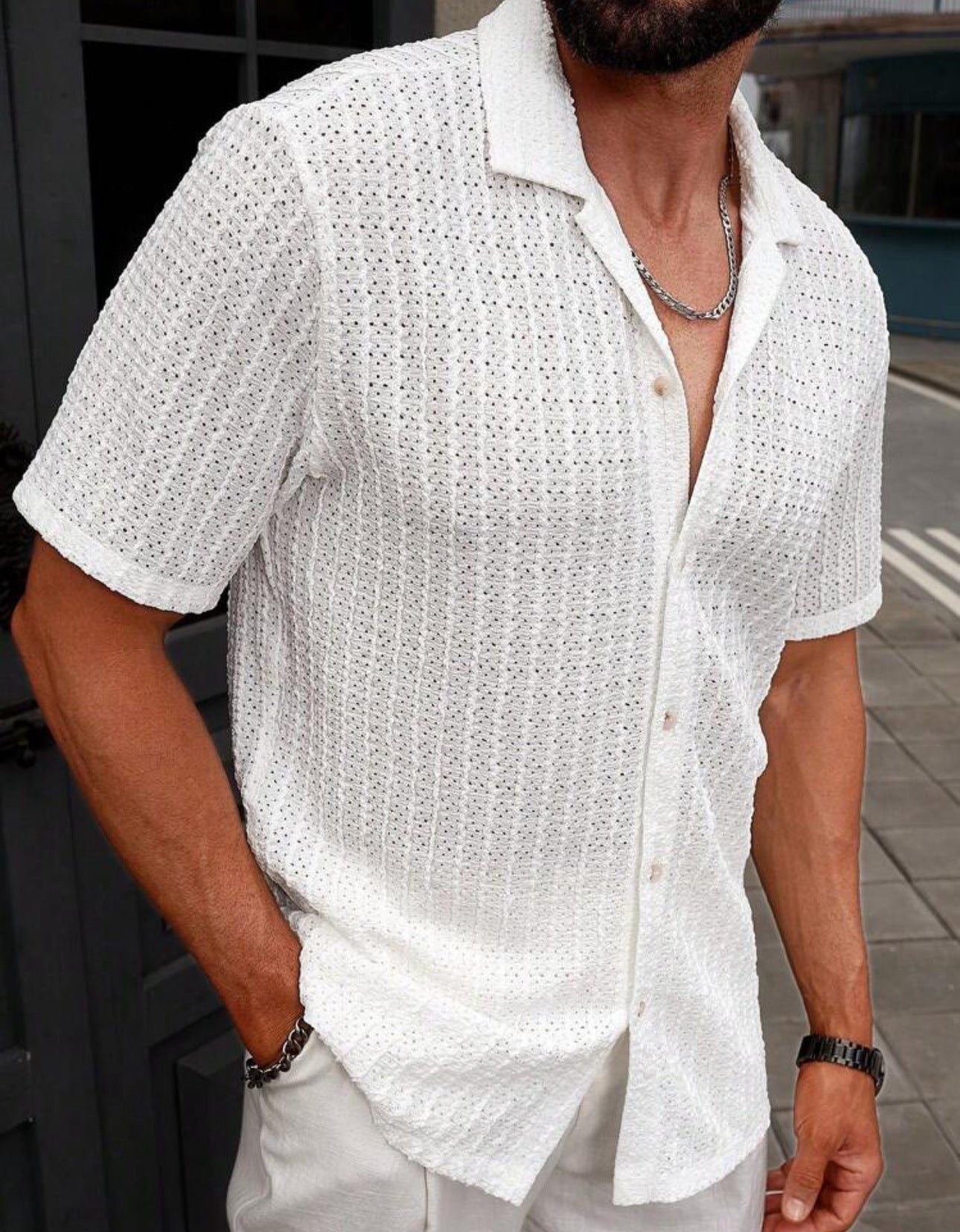 MEN'S LINEN KNITTED SHORT SLEEVE SHIRT WITH BUTTON DOWN FRONT