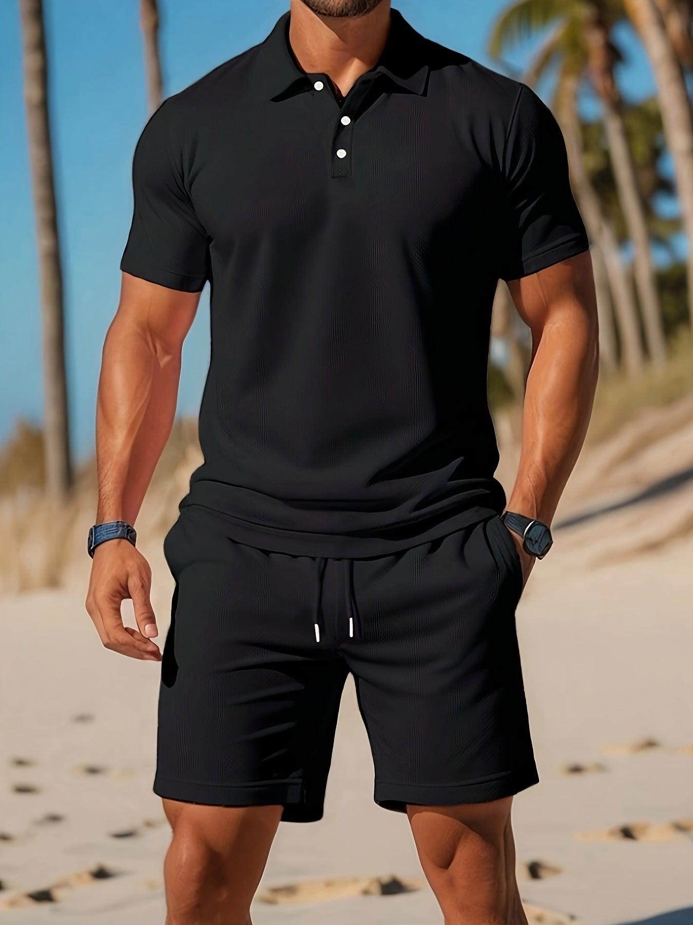 MEN'S CASUAL POLO SHIRT AND SHORTS SET WITH SHORT SLEEVES