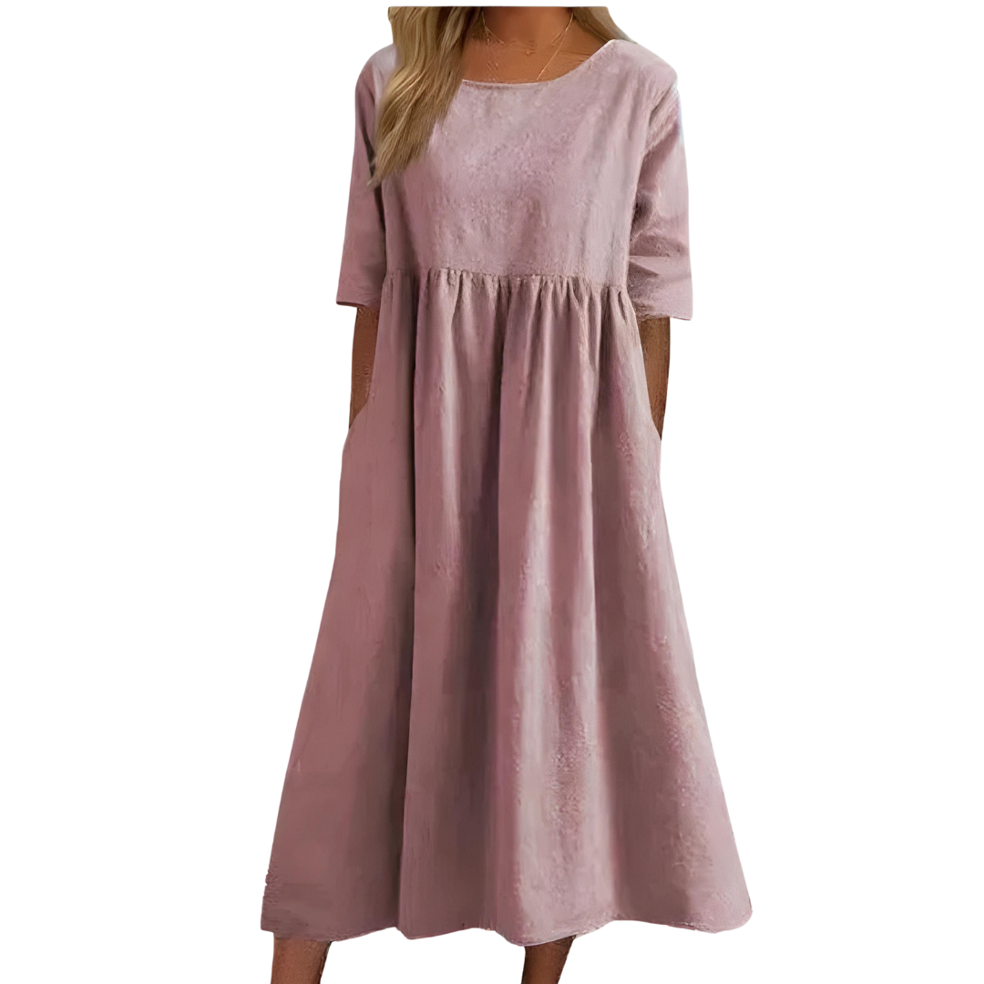 Women's Summer Midi Dress With Half Sleeves & Round Neck