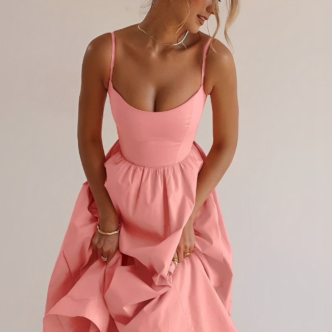 Women's Spaghetti Strap Summer Midi Dress With Fitted Bodice