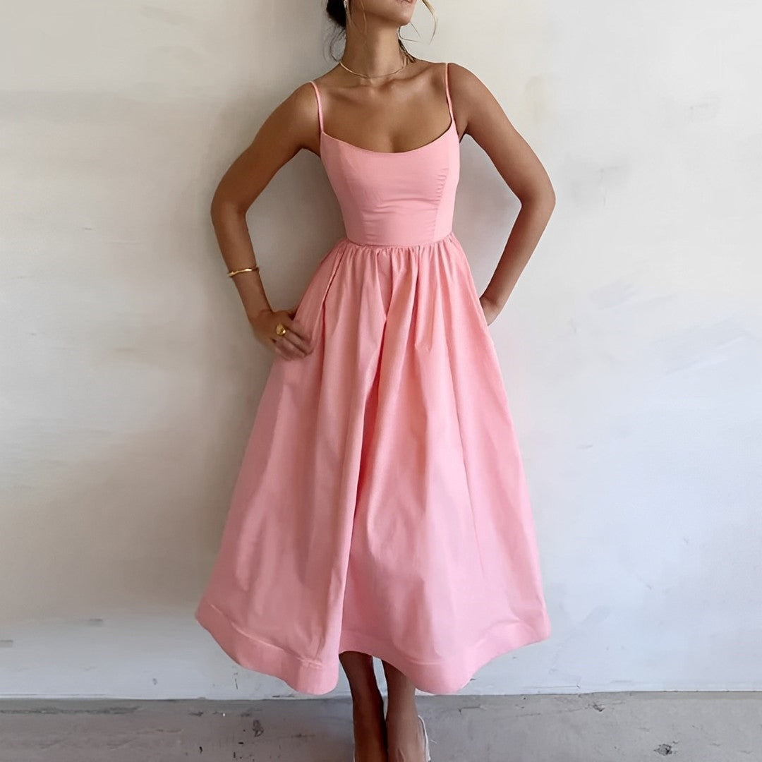 Women's Spaghetti Strap Summer Midi Dress With Fitted Bodice
