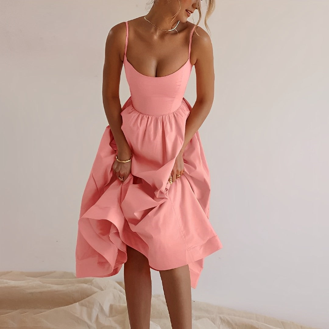 Women's Spaghetti Strap Summer Midi Dress With Fitted Bodice