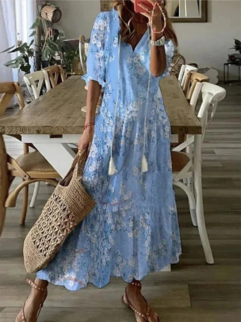 WOMEN'S BOHO FLORAL MAXI DRESS WITH FLOWY FIT AND V-NECK