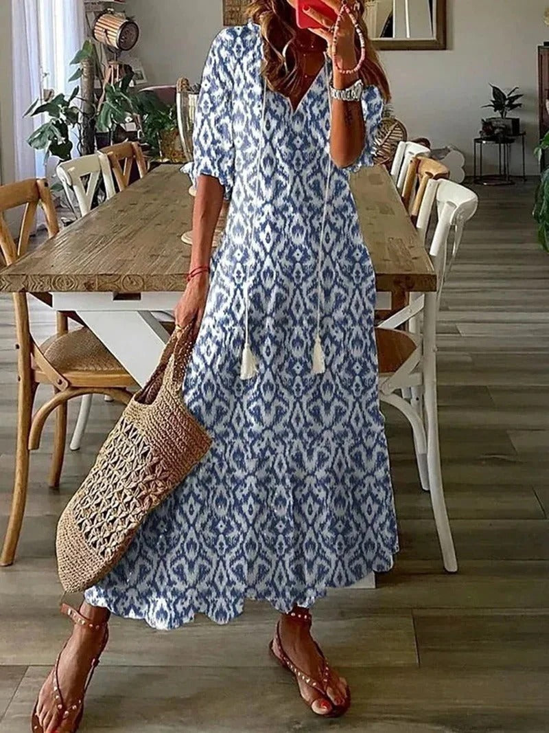 WOMEN'S BOHO FLORAL MAXI DRESS WITH FLOWY FIT AND V-NECK