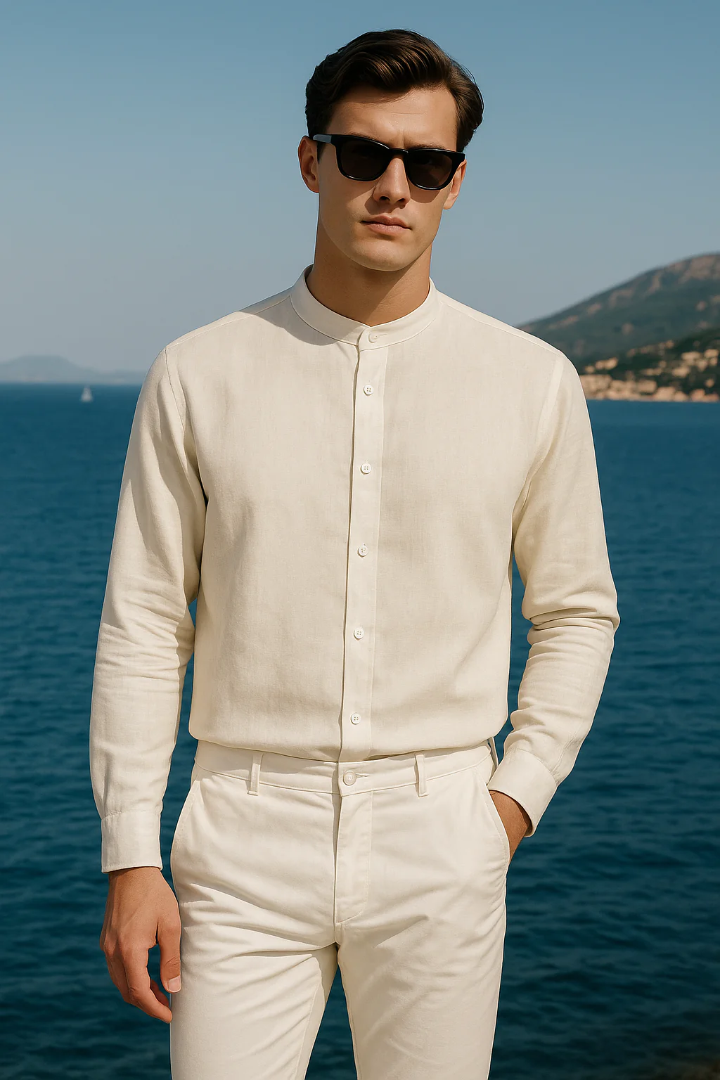 Men's Linen Band Collar Shirt