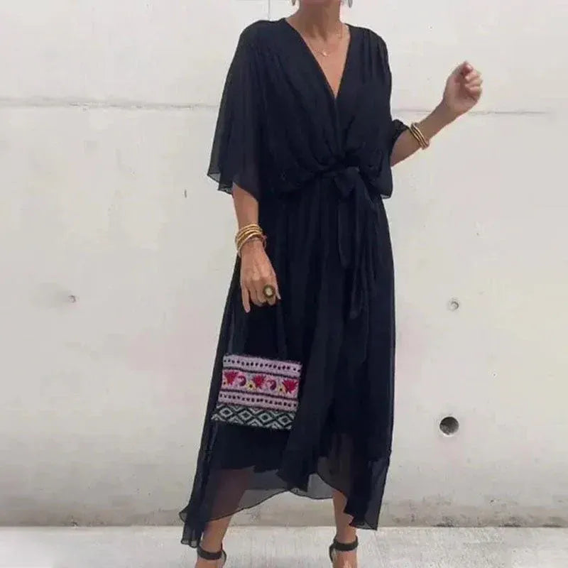 Women's Chiffon Midi Dress With Flowy Sleeves & V-neck