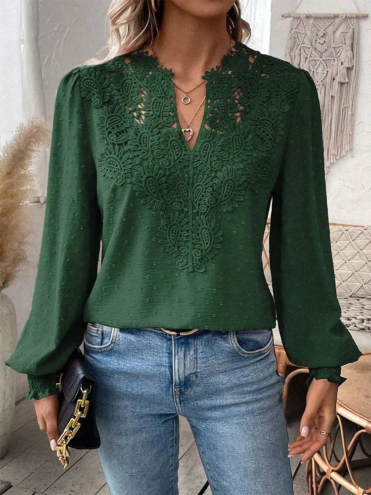 Women's Lace Blouse With Long Sleeves & V-neck
