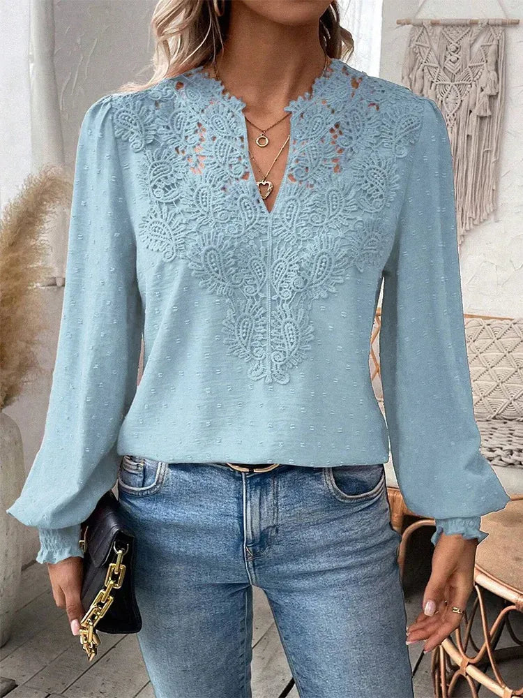 Women's Lace Blouse With Long Sleeves & V-neck