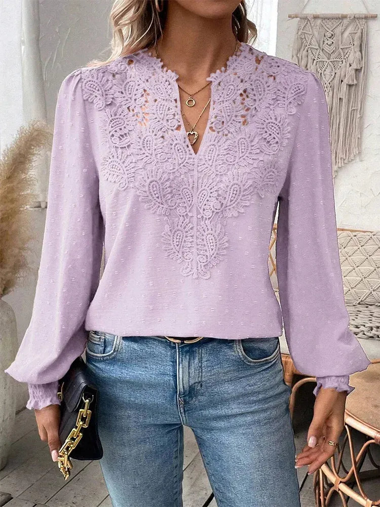 Women's Lace Blouse With Long Sleeves & V-neck
