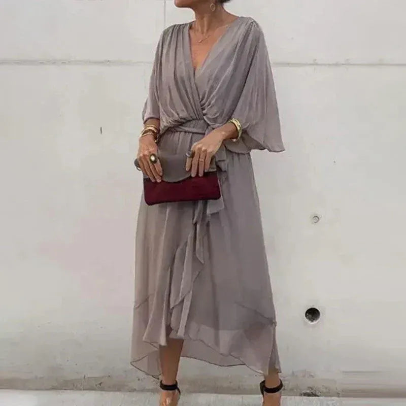 Women's Chiffon Midi Dress With Flowy Sleeves & V-neck
