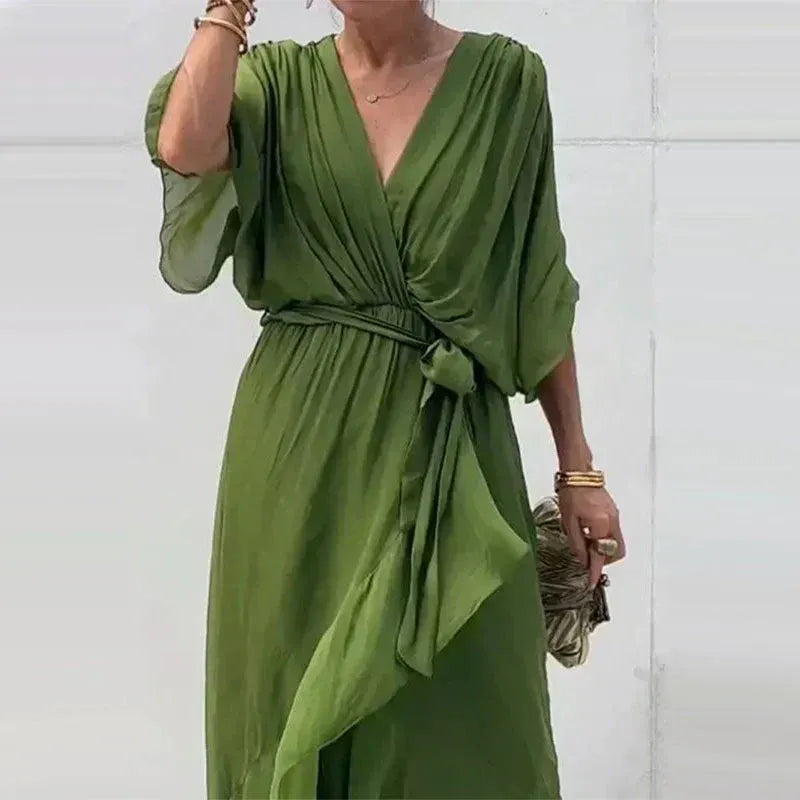 Women's Chiffon Midi Dress With Flowy Sleeves & V-neck