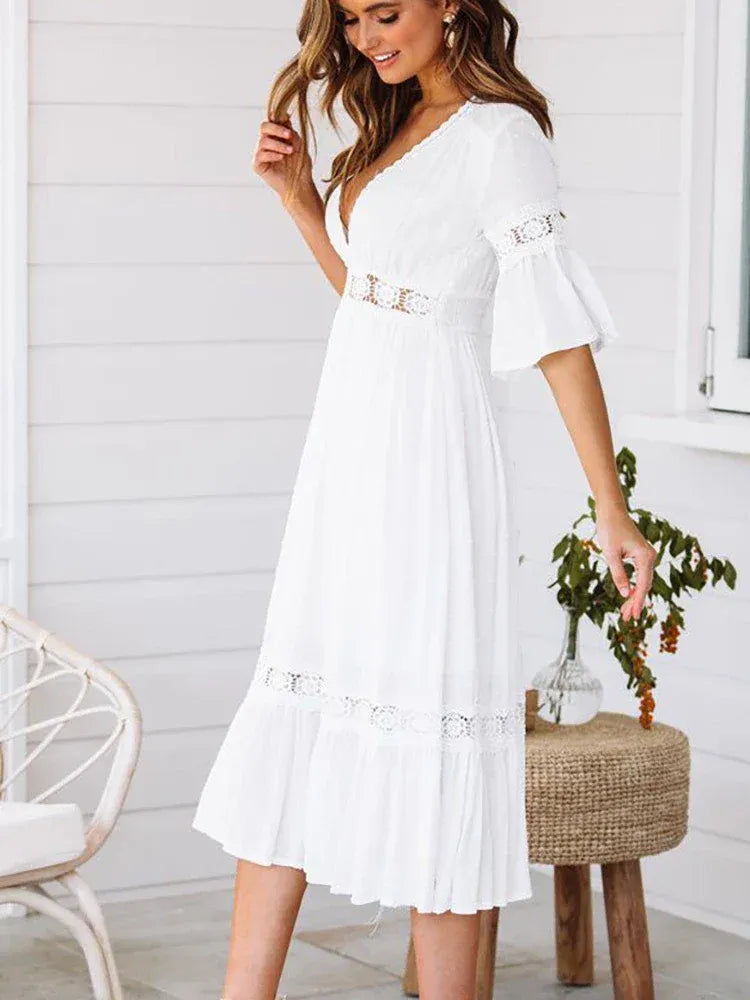 WOMEN'S BOHO MIDI DRESS WITH CROCHET TRIM AND V-NECK