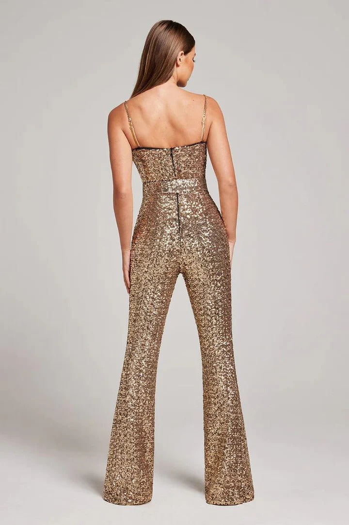 Women's Sequin Belted Jumpsuit With Flared Legs