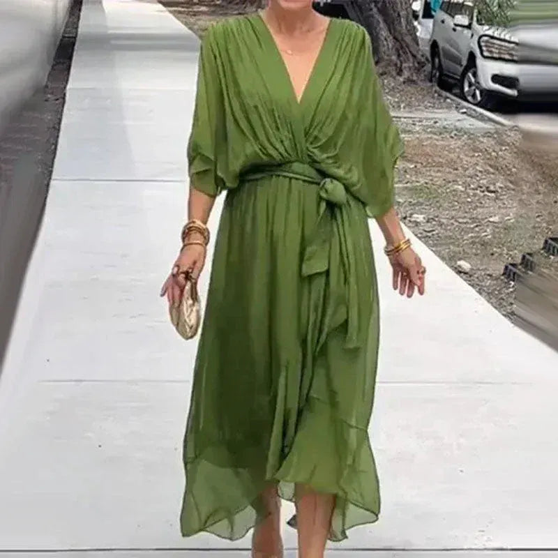 Women's Chiffon Midi Dress With Flowy Sleeves & V-neck