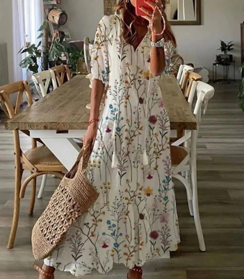 WOMEN'S BOHO FLORAL MAXI DRESS WITH FLOWY FIT AND V-NECK