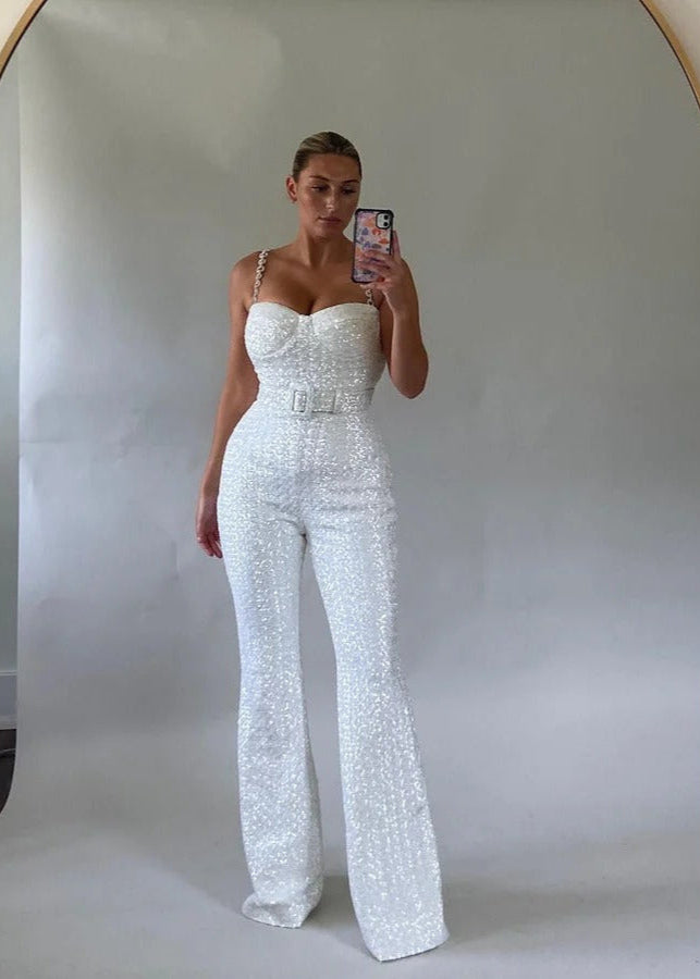 Women's Sequin Belted Jumpsuit With Flared Legs