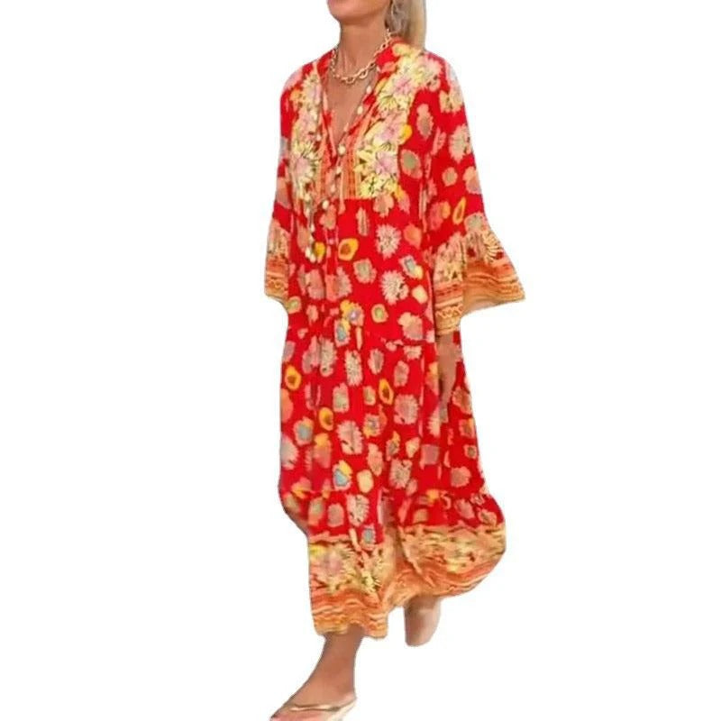 WOMEN'S BOHO FLORAL MAXI DRESS WITH LONG SLEEVES