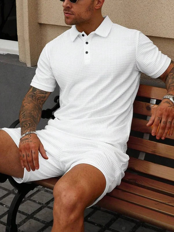White Textured Polo Shorts Set