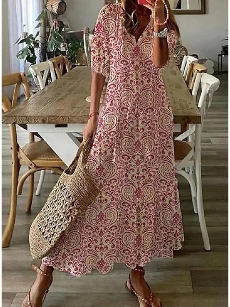 WOMEN'S BOHO FLORAL MAXI DRESS WITH FLOWY FIT AND V-NECK