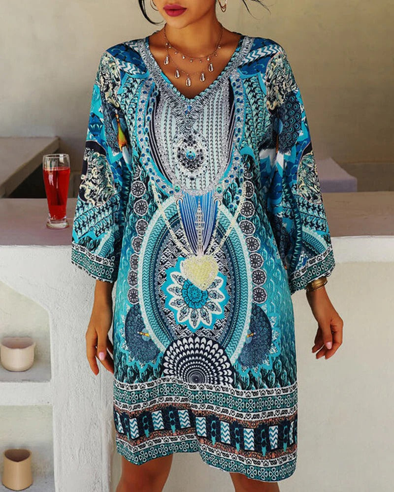 WOMEN'S BOHO PRINTED MINI DRESS WITH V-NECK AND LONG SLEEVES