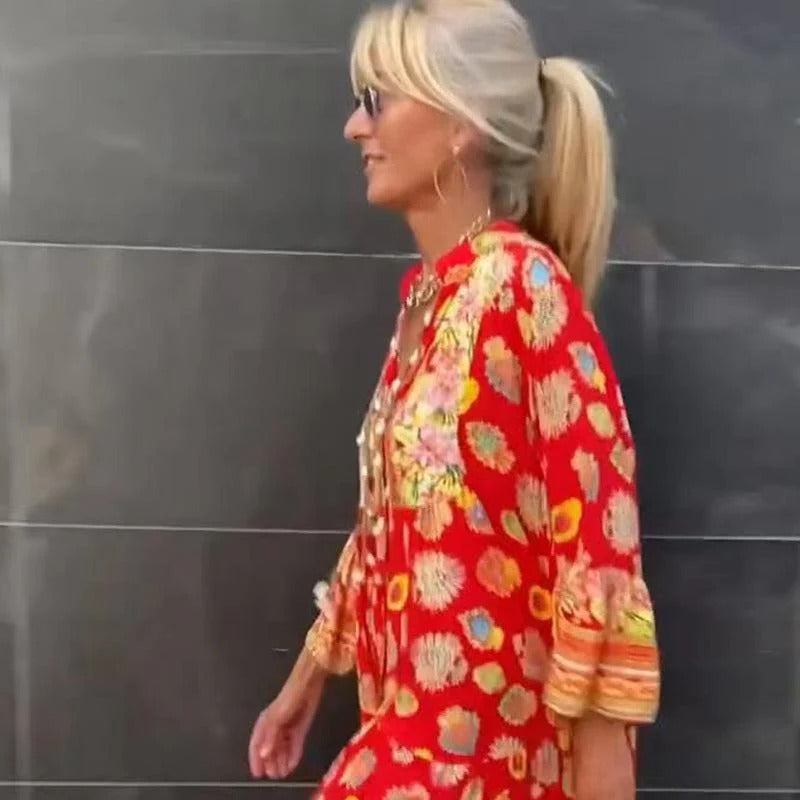 WOMEN'S BOHO FLORAL MAXI DRESS WITH LONG SLEEVES