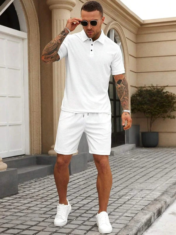 White Textured Polo Shorts Set