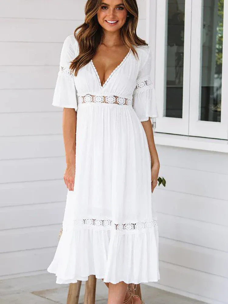 WOMEN'S BOHO MIDI DRESS WITH CROCHET TRIM AND V-NECK