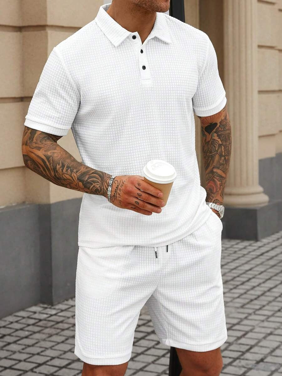 White Textured Polo Shorts Set