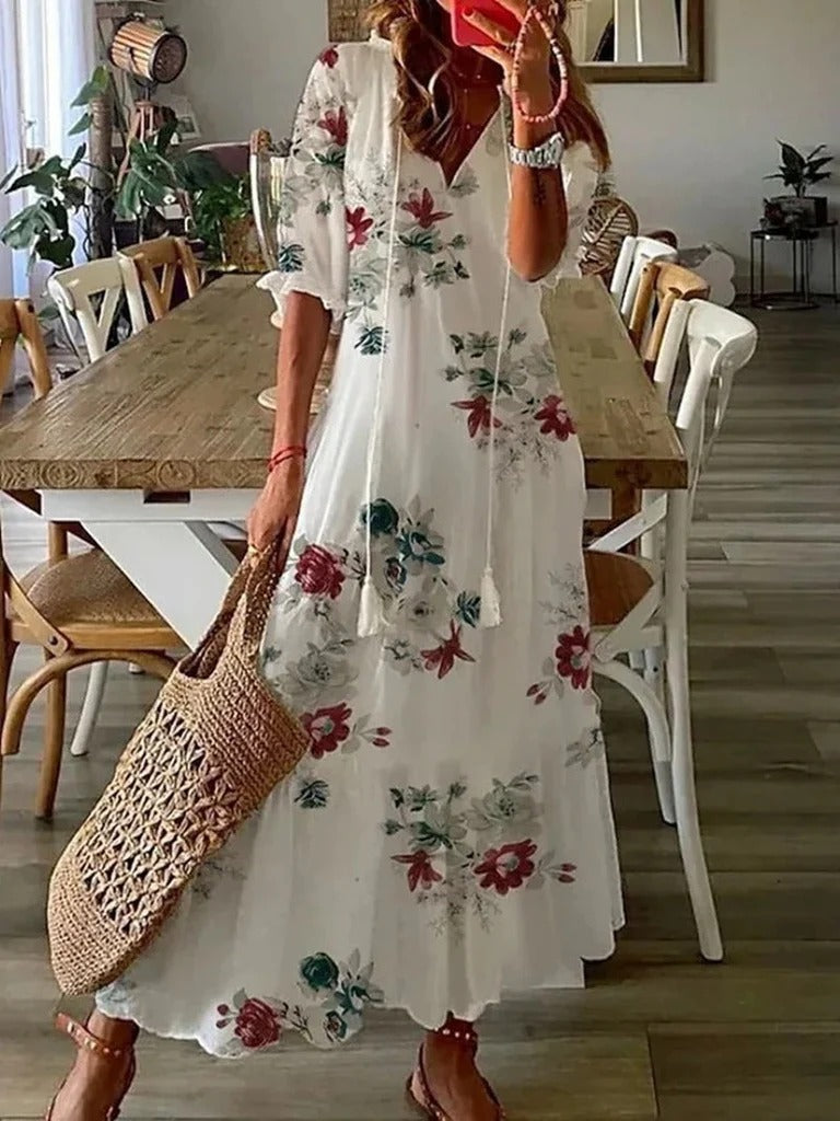 WOMEN'S BOHO FLORAL MAXI DRESS WITH FLOWY FIT AND V-NECK