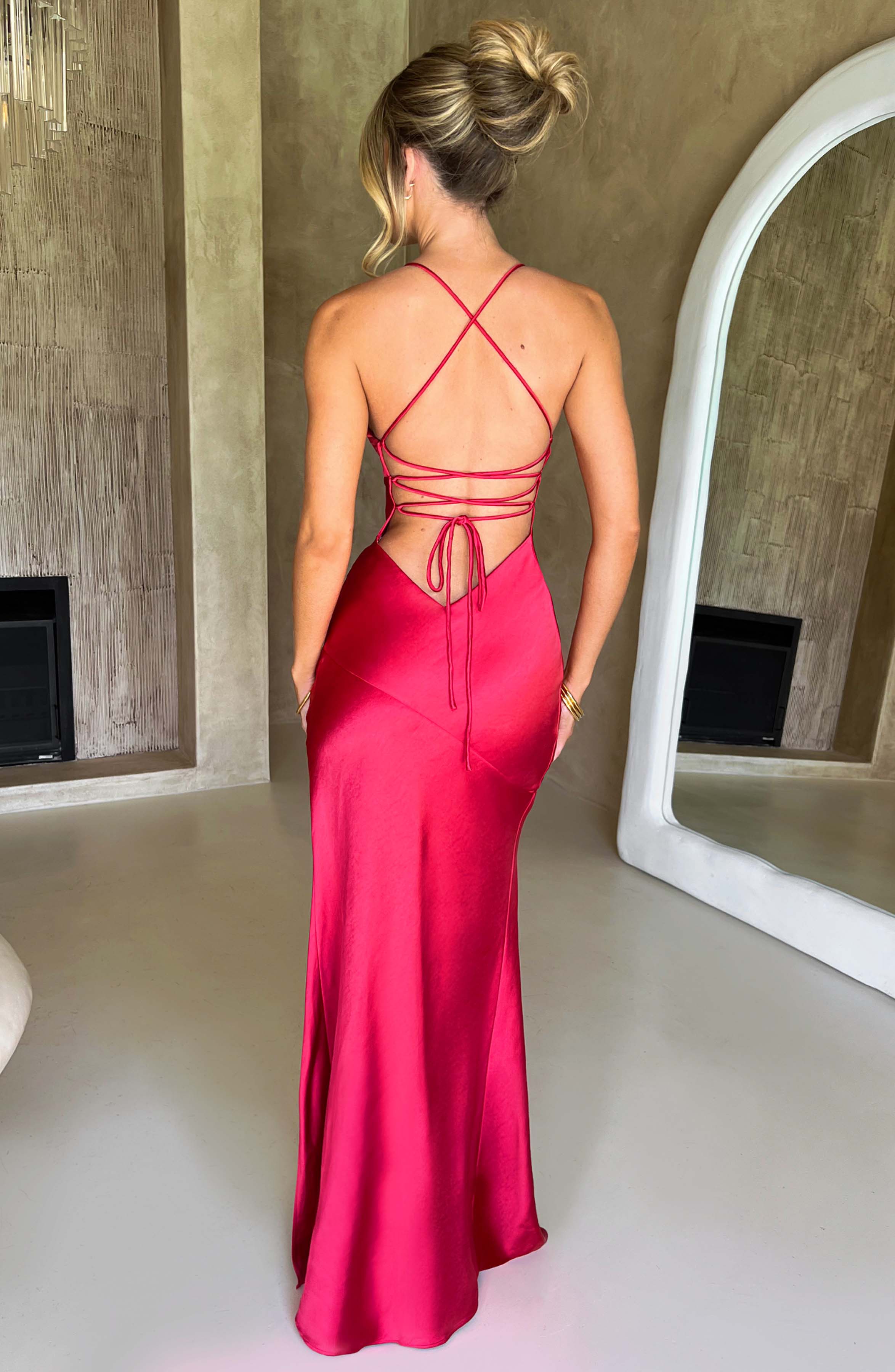 SPAGHETTI STRAPS HIGH SLIT SATIN WEDDING GUEST MAXI DRESS WITH OPEN BACK