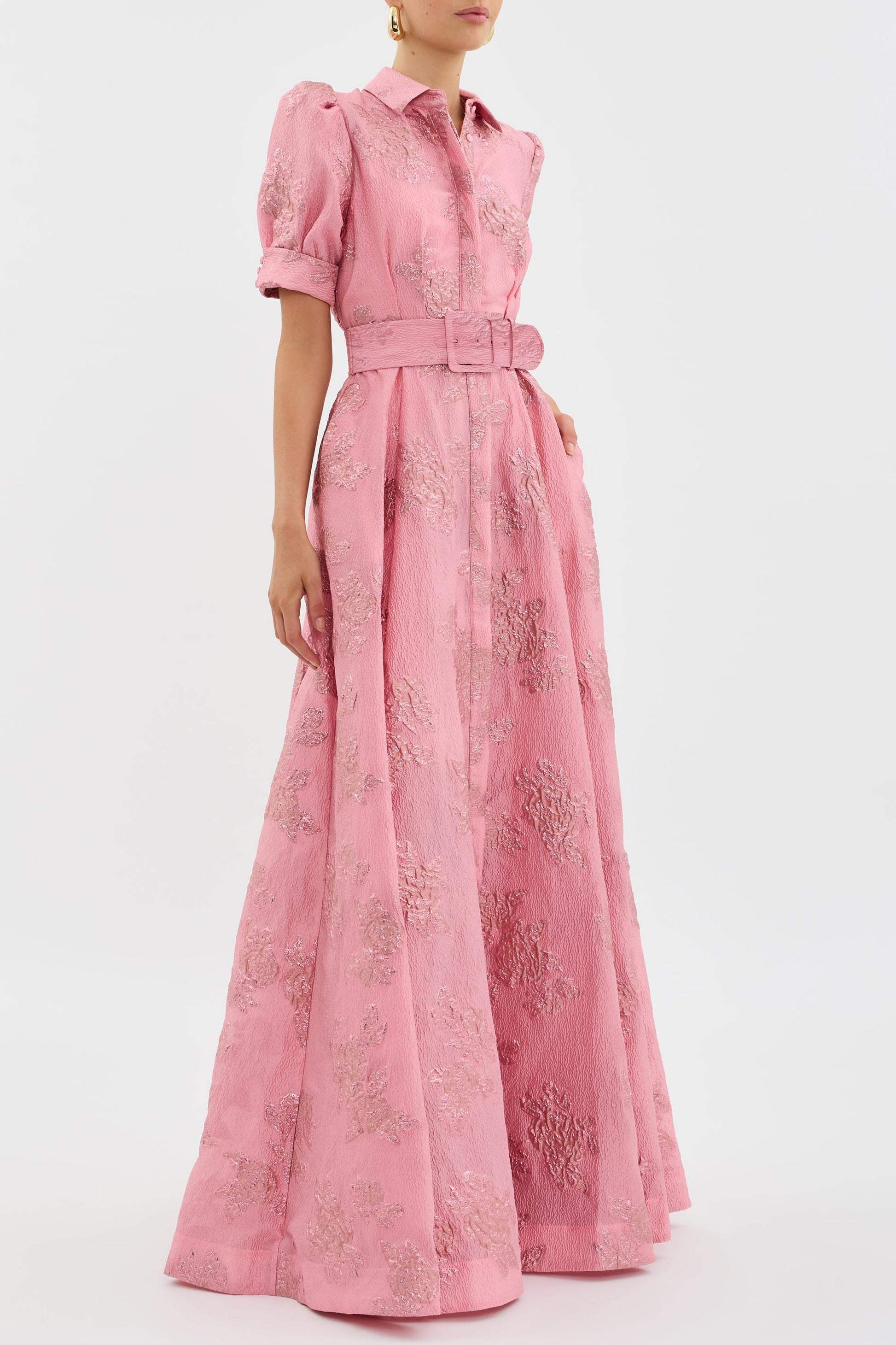 Women's Formal Maxi Dress With Puff Sleeves & Belted Buckle