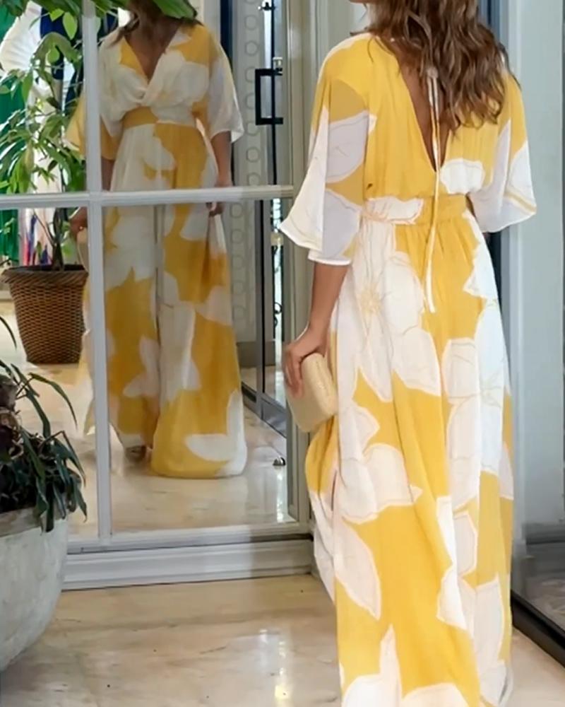 Women's Summer Floral Maxi Dress with V-neck & Elastic Waist