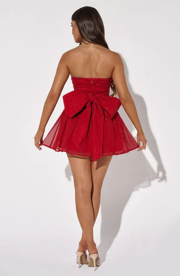 Women's Strapless Cocktail Dress With Shimmer & Bow Detail