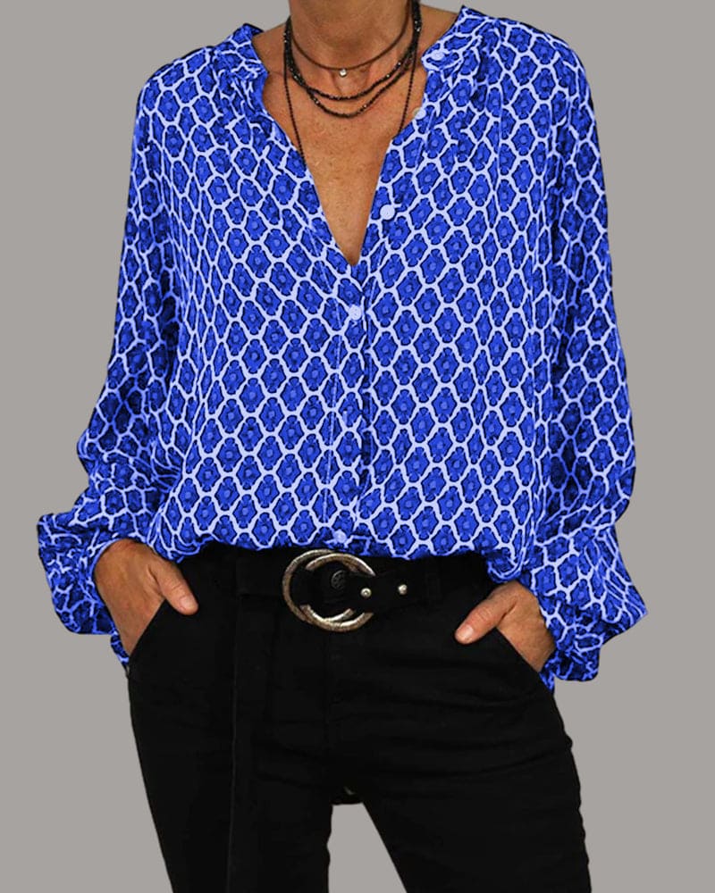 Women's Printed Blouse With V-neck And Long Sleeves