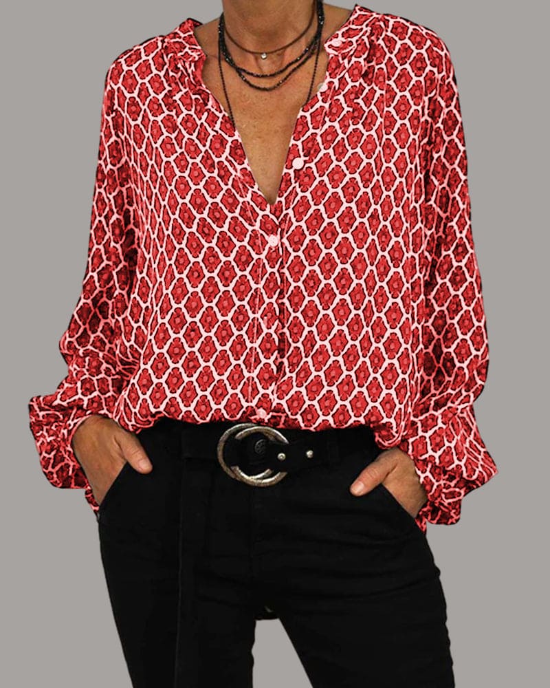 Women's Printed Blouse With V-neck And Long Sleeves