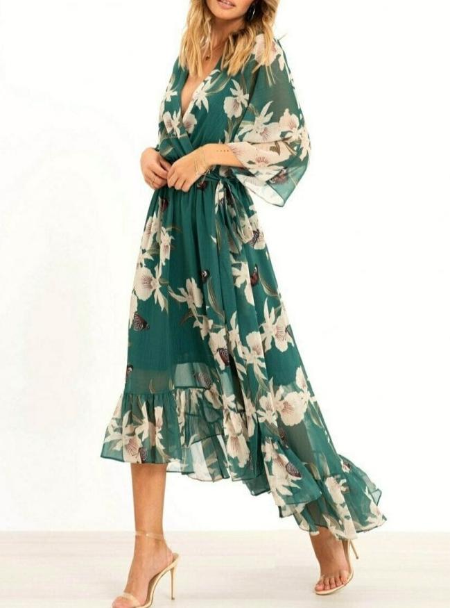 Women's Floral Maxi Dress With V-neck & Ruffles Hem