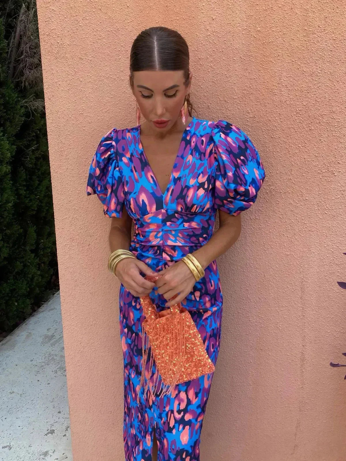 Women's Elegant Floral Midi Dress With Puff Sleeves And V-neck