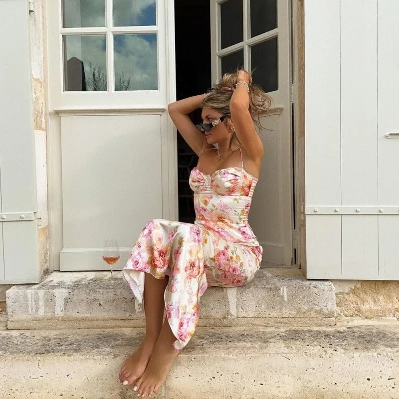 Women's Floral Satin Maxi Dress With Spaghetti Straps
