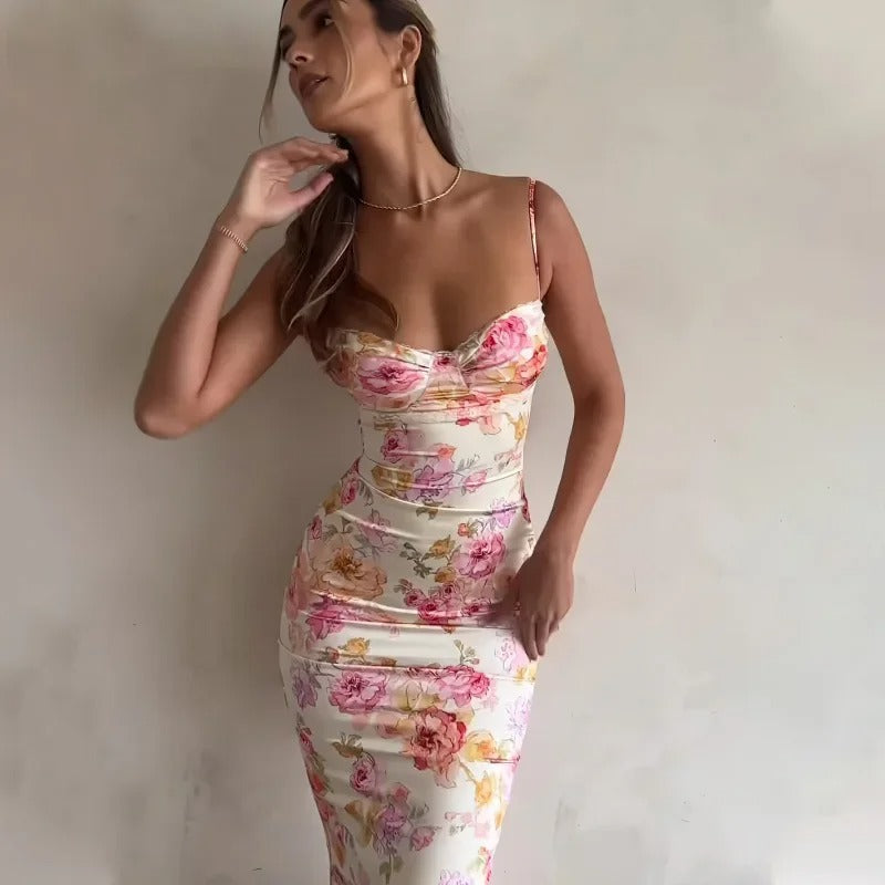 Women's Floral Satin Maxi Dress With Spaghetti Straps