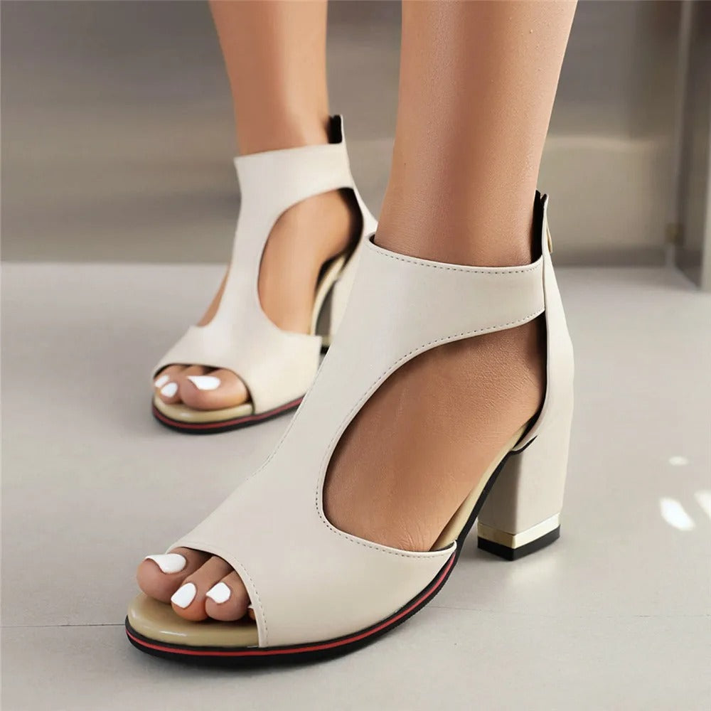 Women's Block Heel Sandals With Open Toe & Zipper Closure