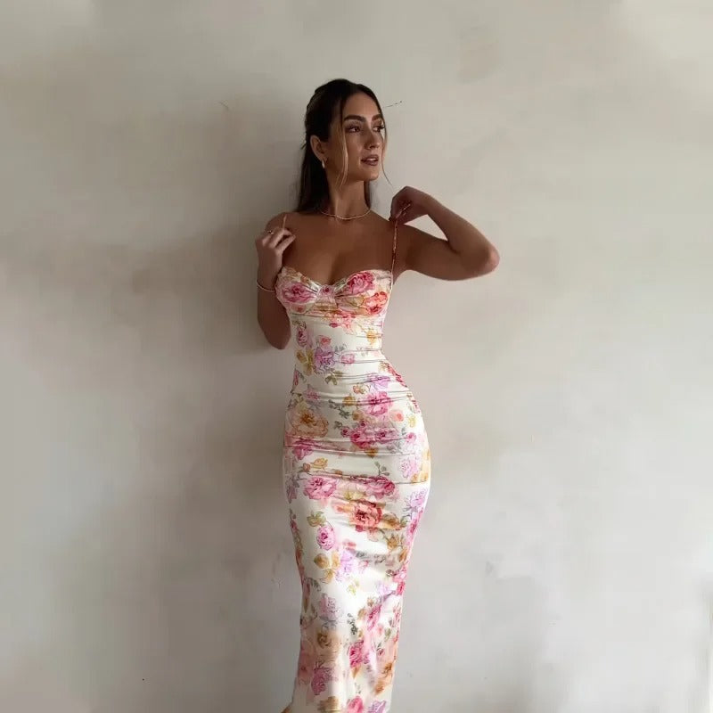 Women's Floral Satin Maxi Dress With Spaghetti Straps
