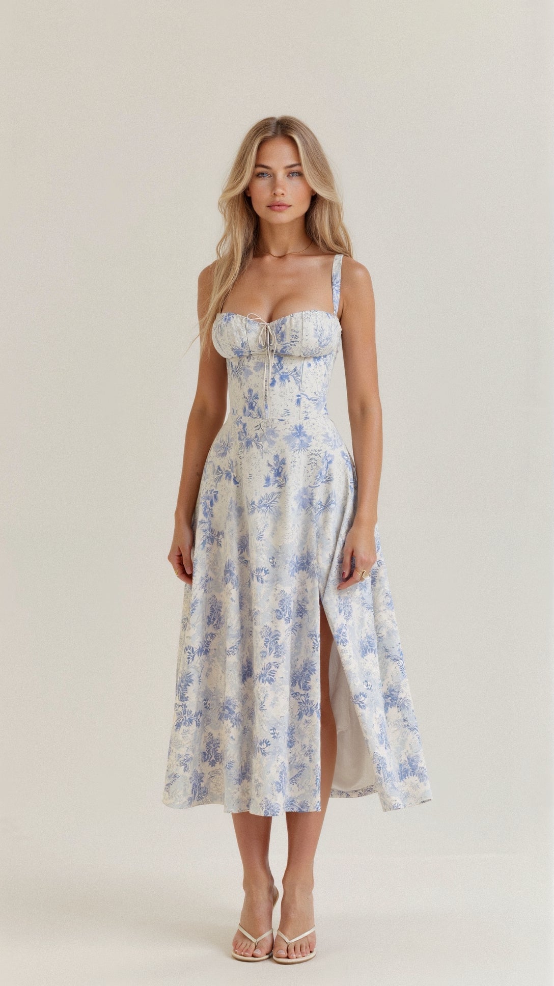 Women's Floral Midi Dress With Sweetheart Neckline And Front Slit