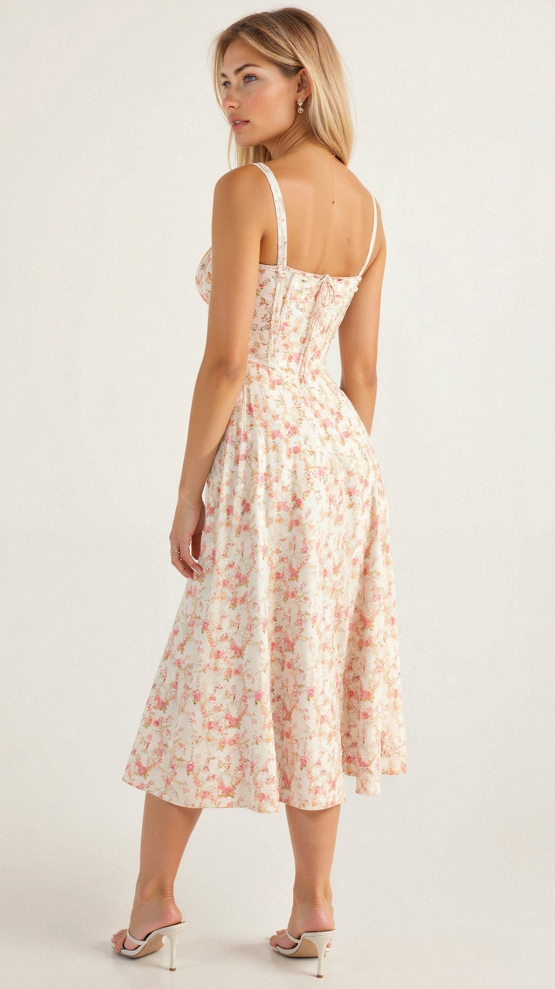Women's Floral Midi Dress With Sweetheart Neckline And Front Slit