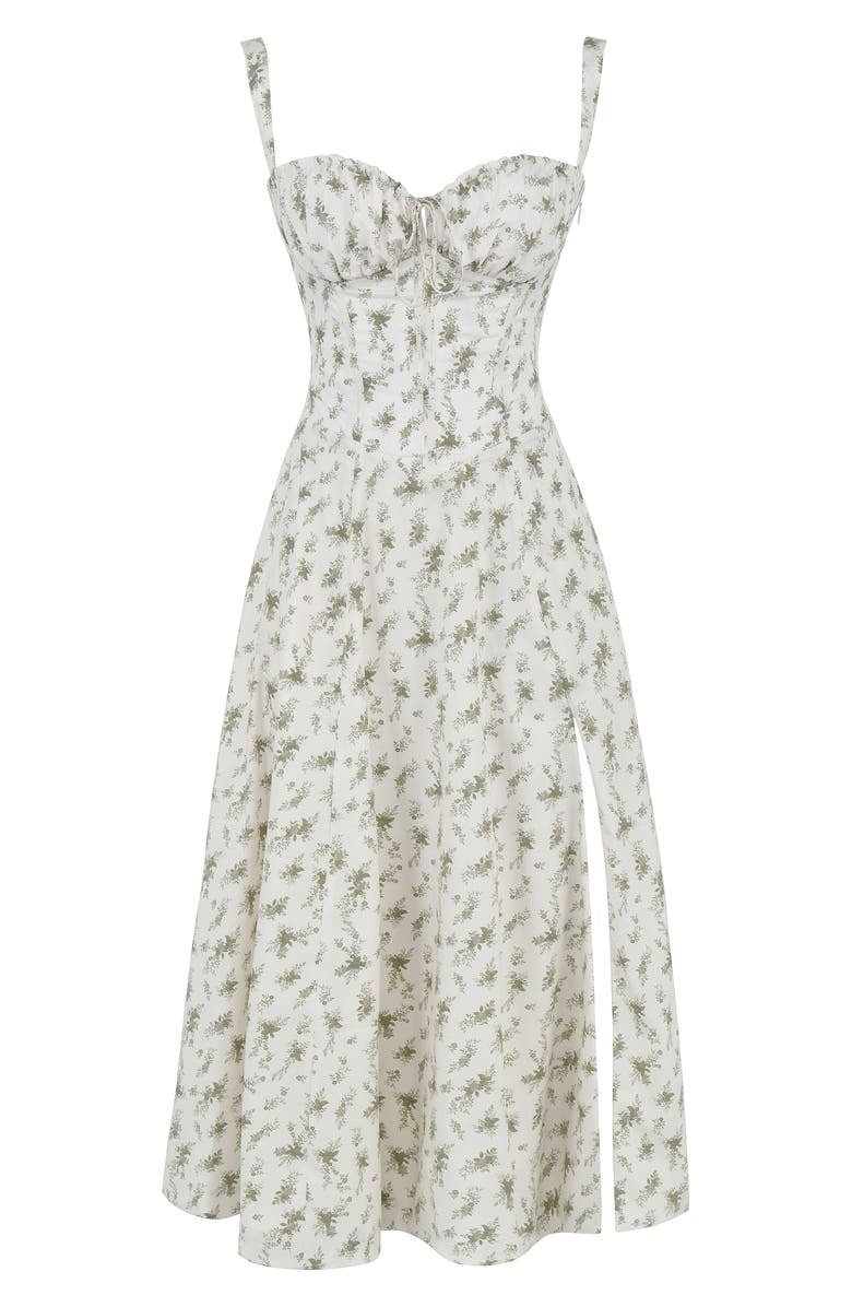 Women's Floral Midi Dress With Sweetheart Neckline And Front Slit