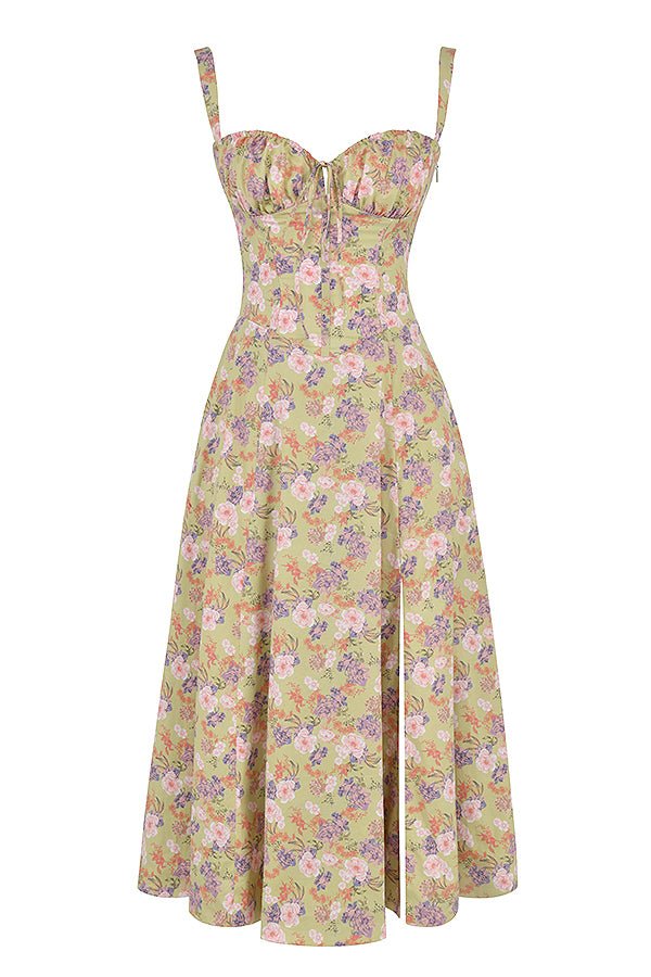 Women's Floral Midi Dress With Sweetheart Neckline And Front Slit
