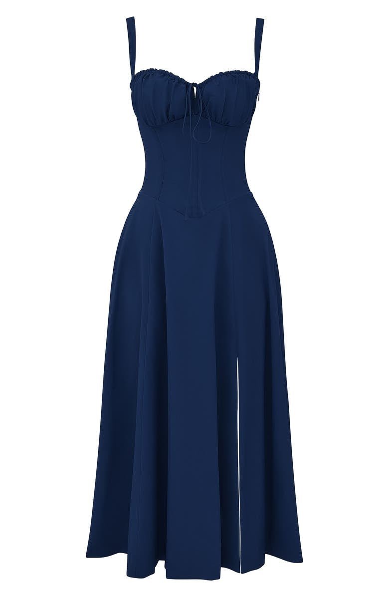 Women's Floral Midi Dress With Sweetheart Neckline And Front Slit