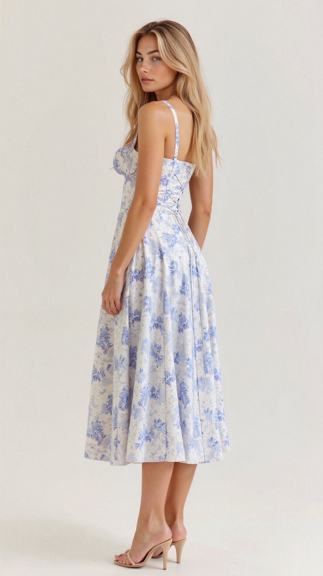Women's Floral Midi Dress With Sweetheart Neckline And Front Slit