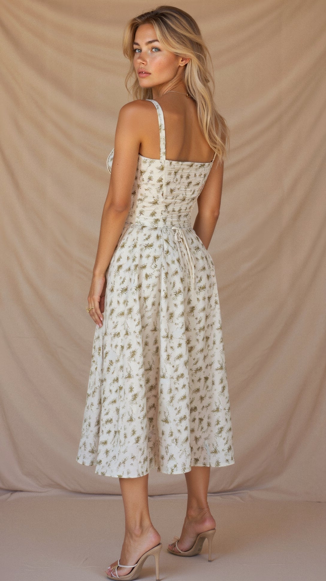 Women's Floral Midi Dress With Sweetheart Neckline & Spaghetti Straps